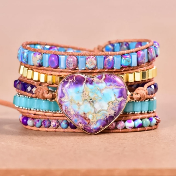 Purple Heart Jasper Beaded Wrap Bracelet - Picture 2 of 10